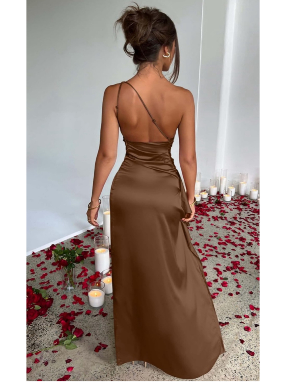 Women's OYS One Shoulder Bronze Dress Size S - Picture 3 of 14